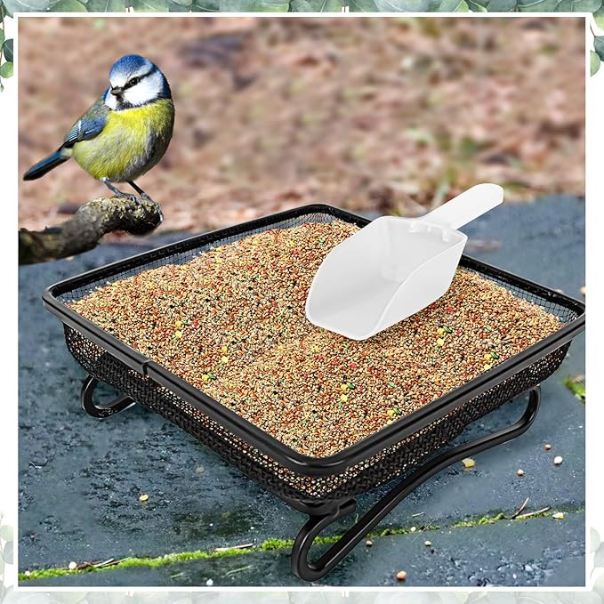 3 Pcs Platform Bird Feeder with Scoop, 6.7 x 6.7 x 2.2 in Ground Bird Feeder Tray Metal Square Squirrel Feeders Rust Resistant Mesh Seed Tray for Outside Wild Birds Dove
