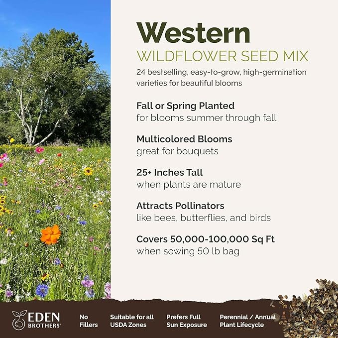 Eden Brothers Western Wildflower Mixed Seeds for Planting, 50 lb, 24,000,000+ Seeds with Cornflower, Blanket Flower | Attracts Pollinators, Plant in Spring or Fall, Zones 3, 4, 5, 6, 7, 8, 9, 10