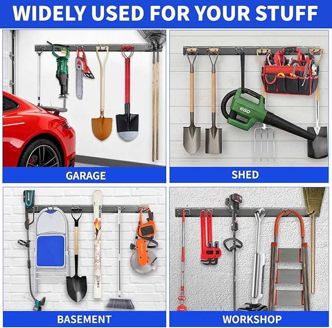 Garage Tool Organizer Wall Mount, 48inch Heavy Duty Garden Tool organizer Storage System, Easy Install With 6 Adjustable Straight Hooks, For Garage, Basement, Shed, Workshop(Black)