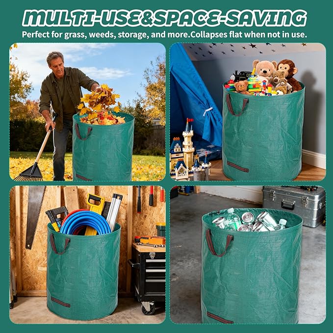 72 Gallon Reusable Leaf Bags, 2 Pack Heavy Duty Yard Waste Bags with Handles, Extra Large Compost Garden Bags for Lawn Leaf Collection, Grass Clippings, Weeds, Yard Clean Up