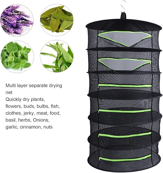 Herb Drying Rack, Opening Design, Fluorescent Green Zipper Cover, Multifunctional Wateright Hanging Mesh, Herb Dry Net for Garden (6 Layers)