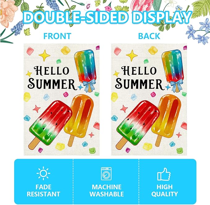 Summer Garden Flag 12x18 Inch, Popsicles Double Sided Small Burlap Flag for Yard Outdoor Decoration