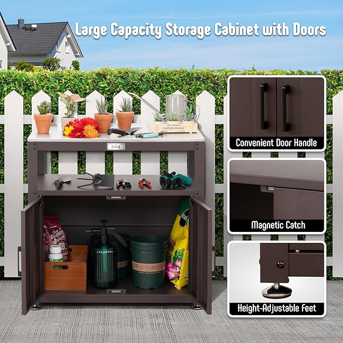 Garden Potting Bench with Storage, Outdoor Potting Table & Garden Work Bench for Plants, Horticulture, Outdoor Potting Station with Stainless Steel Tabletop, Outdoor Work Table