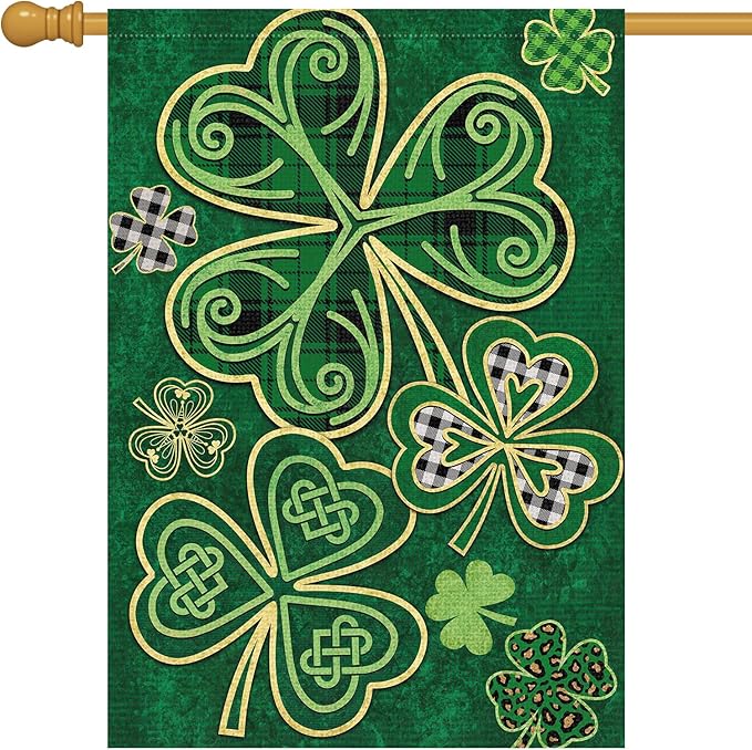 Louise Maelys Welcome St. Patrick's Day Garden Flag 28x40 Double Sided with Tag, Burlap Spring Large Lucky Shamrock Clover Yard Sign Buffalo Plaid Home Outside Outdoor Decor
