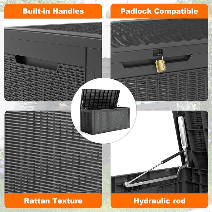 120 Gallon Resin Deck Box, Lockable Weatherproof Outdoor Storage Box for Furniture, Garden Tools and Tools Storage, Waterproof Outside Storage Boxes - Black