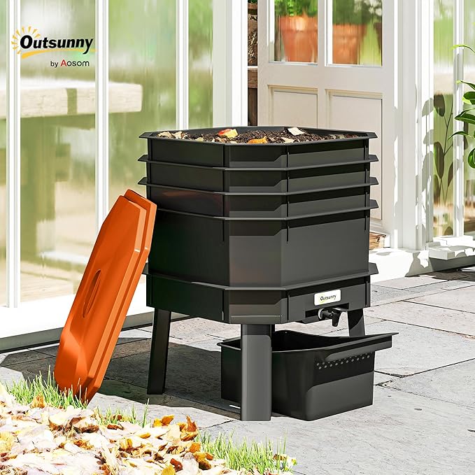 Outsunny 4-Tray Worm Composter Bin, 7.4 Gal Outdoor & Indoor Worm Composter, Farm Starter Kits for Vermicomposting Starter, Garden Composting Bin for Recycling Food Waste, Orange