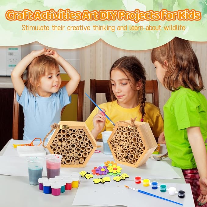 Leinuosen Mason Bee House for The Garden with DIY Painting Kits and 3 Felt Bee 6 Felt Flower Natural Handmade Wooden Box with Bamboo Tubes for Pollinators to Enhance Your Garden's Productivity