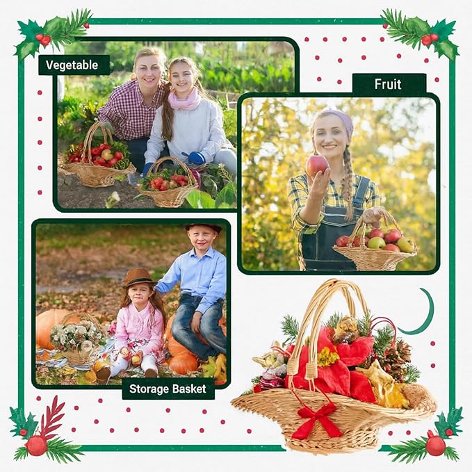 Marsui 2 Pcs Wicker Rattan Basket with Double Drop Down Handles, Christmas Wicker Woven Flower Gift Basket Storage Harvest Hamper for Garden Vegetables, Picnic, Home Decor Organizing, 15 & 13 Inch