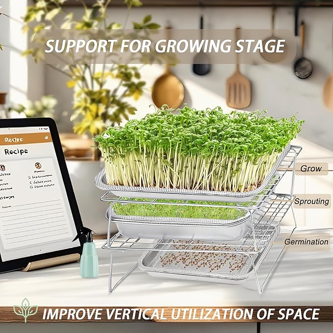 Sprouts Growing Rack 2-Tier 14 inch Shelf, Metal Foldable Plant Stand for Sprouting Tray Indoor, Seed Starting Tray Plant Shelf, Silver Rack for Kitchen Table Top Space Saving