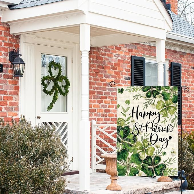 AVOIN colorlife Happy St Patricks Day Floral Garden Flag 12x18 Inch Double Sided Outside, Shamrock Lucky Clover Holiday Yard Outdoor Flag