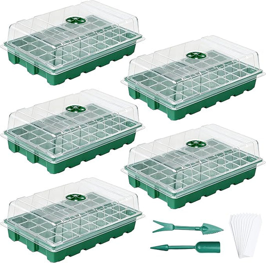 Seed Starter Tray Kit, 5-Pack with Humidity Domes & Base - 200 Cells Total (40 per Tray), Durable Mini Propagator Greenhouse for Optimal Seed Germination, Indoor Gardening, Plant Growing