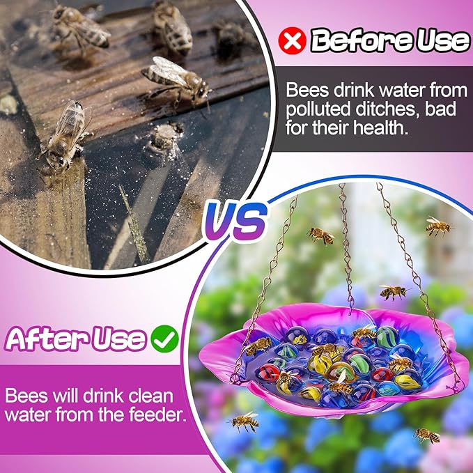 Bee Feeder with Vivid Hibiscus Design - Anti-Rust Iron Bee Watering Station for Feeding, Colorful Butterfly Bath Bowl Bee Cups with 30 Glass Marbles for Outdoor Yard Garden Decor Gifts (Purple)
