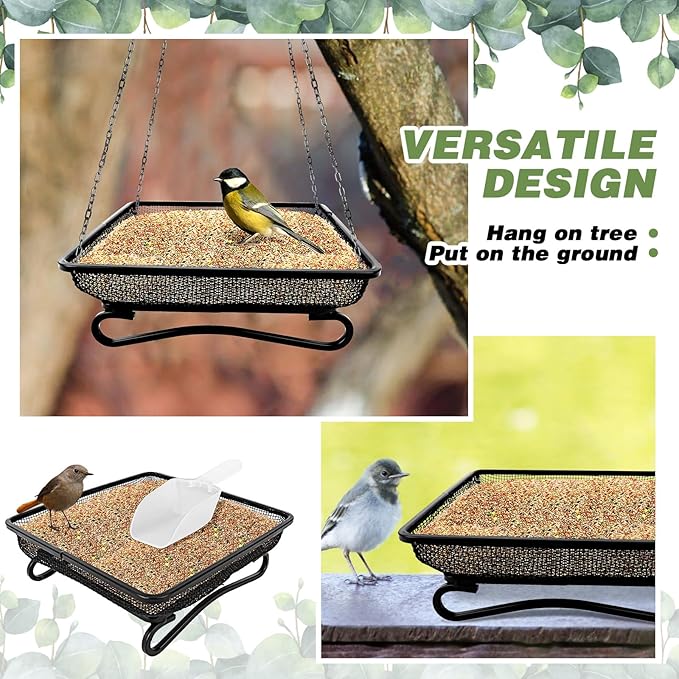 3 Pcs Platform Bird Feeder with Scoop, 6.7 x 6.7 x 2.2 in Ground Bird Feeder Tray Metal Square Squirrel Feeders Rust Resistant Mesh Seed Tray for Outside Wild Birds Dove