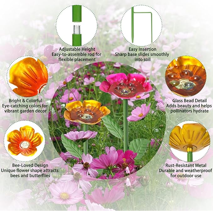 Bee Watering Station for Garden – 4 Pack Metal Flower Bee Bath with Decorative Bee, Butterfly Watering Station Cups with Glass Marbles – Butterfly Feeder for Outdoor Yard, Pollinator Water Feeder