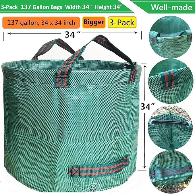 Professional 3-Pack 137 Gallon Extra Large Lawn Garden Bags (D34,H34 in) Reusable Yard Waste Bags with Gardening Gloves for Big Leaf Bag,Lawn Weeds,Grass Clippings Bag,Yard Debris Containers 4 Handles