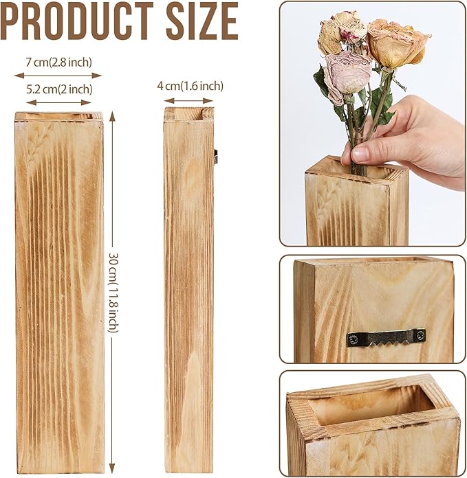 4-Piece Wooden Hanging Wall Vase Set with Pampas Grass and Eucalyptus Dried Flowers, Modern Farmhouse Home Decor for Living Room Entryway Bathroom Hallway Dining Room（Vintage White）