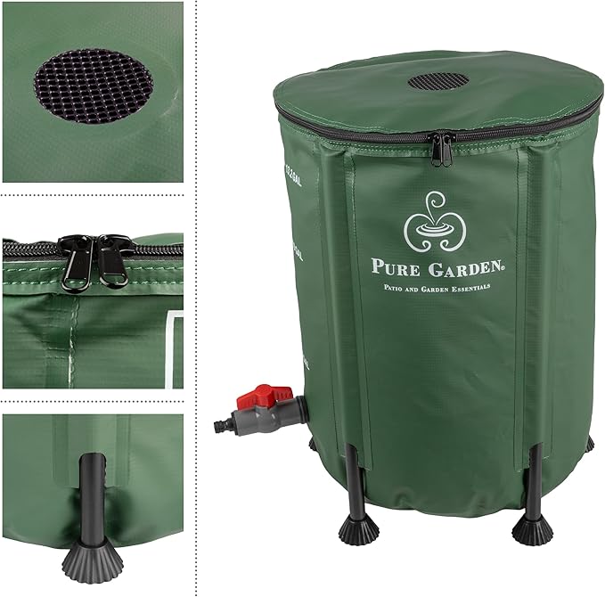 Rain Barrel - 13.2-Gallon/50-Liter Collapsible Water Container for Catching Rainwater - Portable Water Tank with Outflow Valve by Pure Garden (Green)