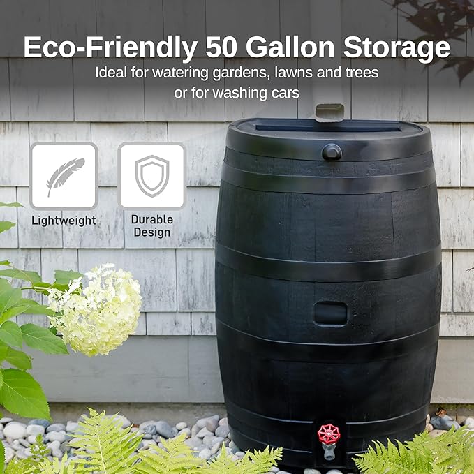RTS Home Accents 50-Gallon ECO Rain Barrel Made with 100% Recycled Plastic, Flat Back Rain Water Collection Barrel, Link Kit Included, Black (2 Pack)