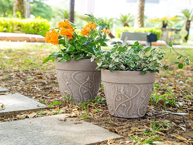 Melphoe Plant Pots Indoor with Drainage & Saucer, 2Pack 7/8 inch Flower Pots Outdoor Planters for Indoor Plants Garden Home Decor Cactus Succulent, Rigid Plastic (Imitation-Terracotta) Vine-Embossed