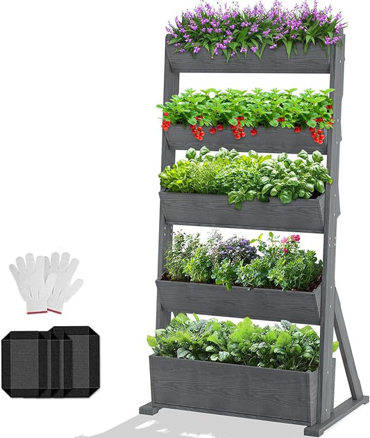 DoCred Vertical Wooden Raised Garden Bed, 5 Tier Garden Planters Freestanding Wood Plant Stand Flower Rack Wooden Planter Box for Plants Herbs Flowers Vegetables Outdoor Indoor Gardening