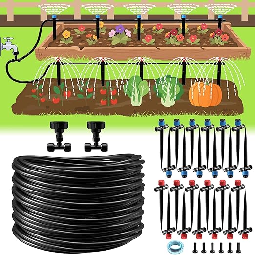 118FT Drip Irrigation System, Garden Watering System, Quick-Connect Drip Irrigation Kit for Lawn Raised Bed Greenhouse, Plant Watering System with 1/4'' Drip IrrigationTubing, Drip Emitters,Connectors
