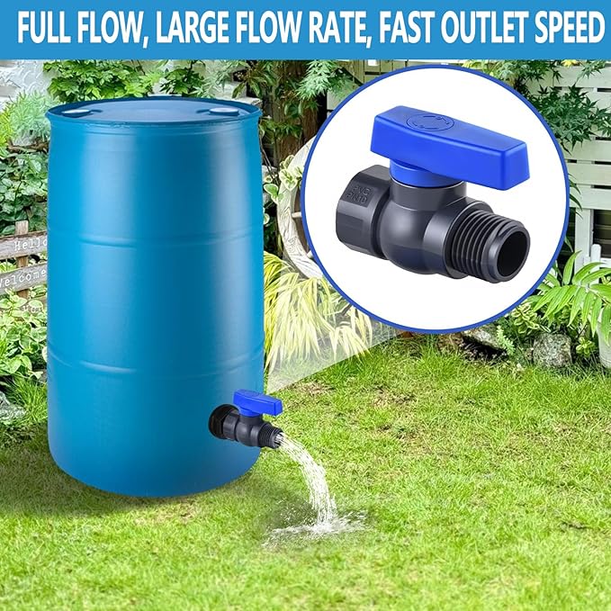 2 Pack 3/4 Inch Rain Barrel Spigot Kit, PVC Garden Hose Shut Off Valve with Bulkhead Fitting, Rain Barrel Diverter Kit for Water Tanks, Aquariums, Garden Barrel