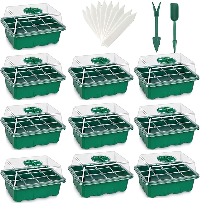 Seed Starter Tray, 12-Pack 144 Cells Seedling Starter Trays, Humidity Adjustable Seed Tray Kit with Dome and Base Greenhouse Grow Trays Mini Propagator for Seeds Growing Starting