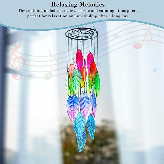 18'' Stained Glass Leaves Wind Chimes for Outside Unique Rainbow Leaves Forest Windchimes Outdoor Decoration Garden Decor