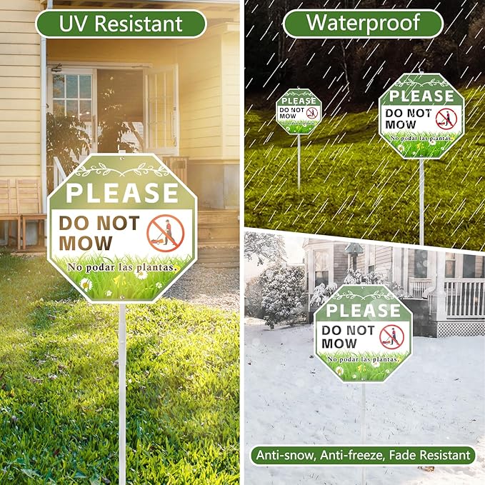 2 Pack 10" x 28" Do Not Mow Yard Signs with Stake and Accessories, Rust Free Aluminum Composite, Bilingual Garden Metal Signs for Outdoor Lawn