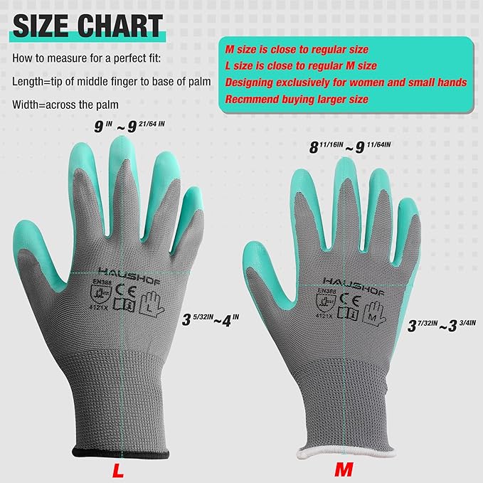HAUSHOF Gardening Gloves for Women Ladies Thorn Proof 6-Pairs Work Gloves, Women's Breathable Garden Gloves Nitrile Coated with Texture for Yard Work, Pink & Green Large Size