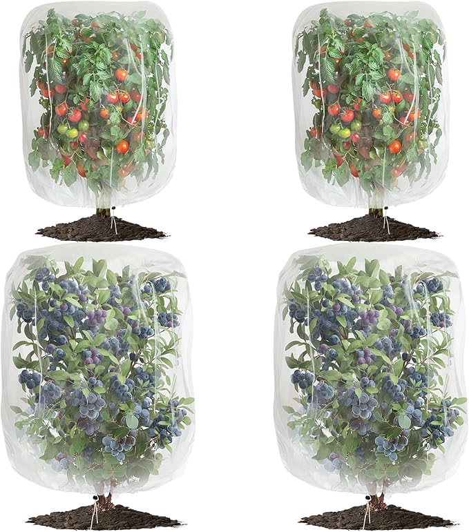 4 Pack Garden Mesh Netting for Plants 2.6x3.3ft - 3.3x4.9ft Insect Bird Netting Pest Barrier Bag with Drawstring 2 Size Fruits Tree Blueberry Bush Netting Cover Bag Protection for Vegetables Tomato
