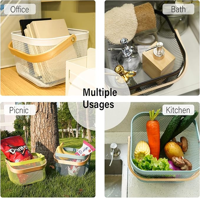 Metal Mesh Steel Harvest Basket, Square Wire Garden Basket with Handle – Multi-Functional Storage Organizer for Gathering Vegetables, Fruits, Kitchen, Garden, Picnic (Aqua-Square)