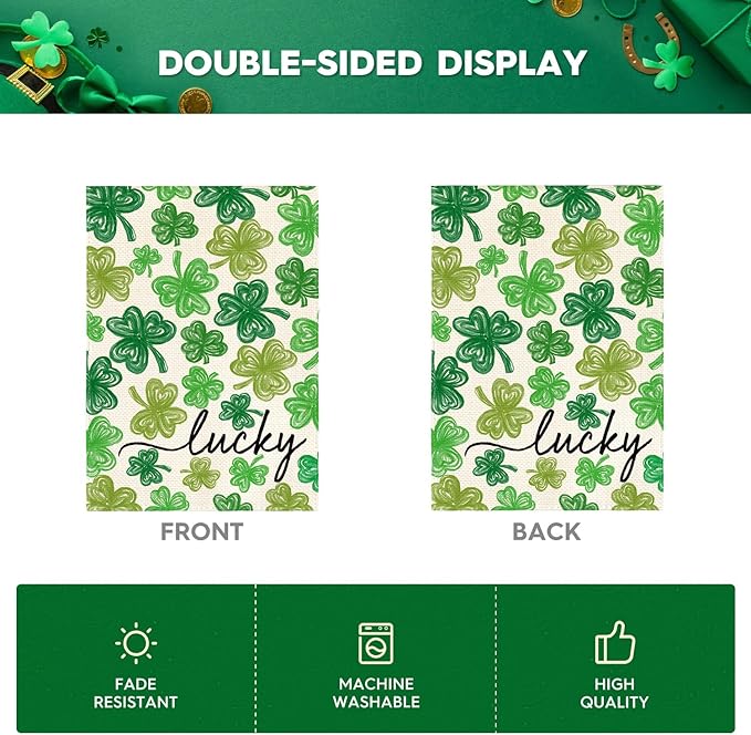 AVOIN colorlife St Patricks Day Garden Flag 12x18 Inch Double Sided Outside, Shamrock Lucky Clover Holiday Yard Outdoor Flag
