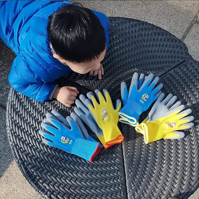 Ages 3-5 Kids Gardening Gloves,Yard Work Gloves for Toddlers, Youth, Girls, Boys, Childrens, Soft Safety Rubber Glove (XXXS Age 3-5, 3 Pairs Yellow, Light Blue & Pink)