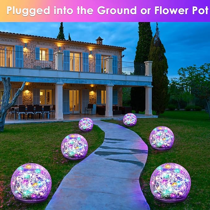 Solar Garden Lights, 2 Pack 80 LED Colored Cracked Glass, Multicolor Outdoor Decorative Ball Lights for Yard, Pathway, Patio, Christmas, 4.73