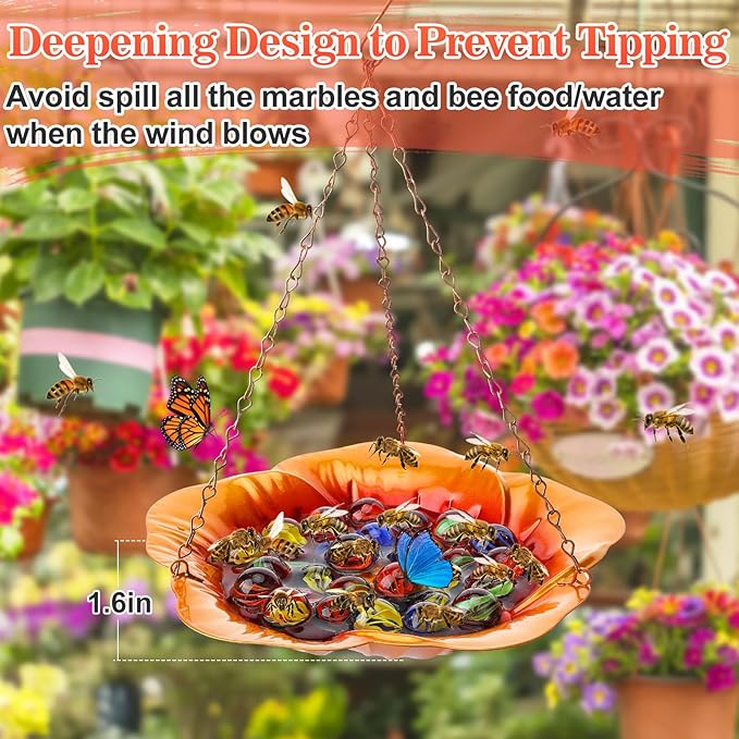 Bee Feeder with Vivid Hibiscus Design - Anti-Rust Iron Bee Watering Station for Feeding, Colorful Butterfly Bath Bowl Bee Cups with 30 Glass Marbles for Outdoor Yard Garden Decor Gifts (Orange)