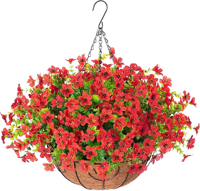 HyeFlora Artificial Fake Hanging Red Plants Flowers Basket for Outdoor Fall Winter Christmas, Faux Silk Daisy Mums Look Real UV Resistant for Outside Porch Home Patio Garden Yard Decoration