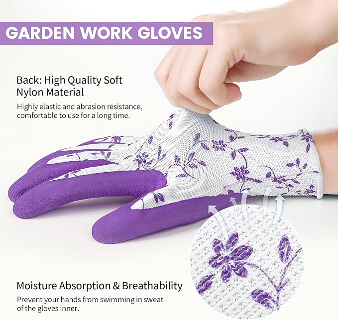 Pleneal Gardening Gloves for Women Men - 6/3 Pairs Garden Gloves with Grip, Latex Coated Working Glove, Medium Size