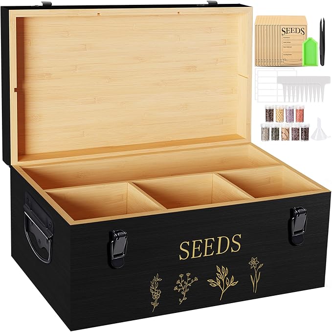 Bamboo Seed Storage Organizer, Large Garden Seed Organizer with Lid & Safety Lock & Handles, Seed Box Storage Organizer Includes Seed Envelopes and Labels etc, Great Gifts Gardening Kit (Black)