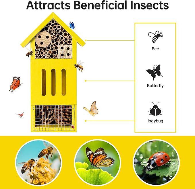 Bee House Bug Hotel & Butterfly House, Handcrafted Wooden Ladybug House, Natural Insect Habitat for Garden, Patio, or Yard, Durable Pine Wood, Attracts Pollinators, 10.4 x 5.5 x 3.2 Inches