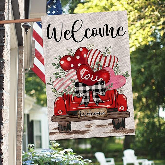 Valentines Day Flag, Valentine's Day Outdoor Decor Love Hearts Truck Yard Flag 28x40 Double Sided Red, Valentine Decorations Burlap House Flags Rustic Welcome Outdoor Farmhouse