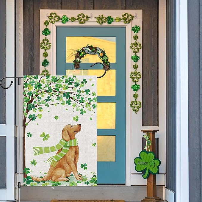 Louise Maelys St Patricks Day Garden Flag Shamrock Golden Retriever Welcome Double Sided 12x18 Inch Small Burlap Saint Spring Holiday Yard Outdoor Outside Home Decor