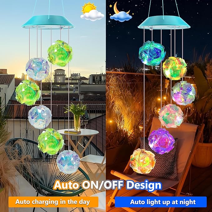 Solar Wind Chime,Color Changing Colorful Ball Wind Chimes, LED Decorative Mobile, Gifts for Mom Grandma,Waterproof Outdoor Solar Lights for Garden, Patio, Yard, Window, Outdoor Decorations