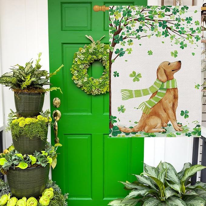 Louise Maelys St. Patrick's Day Garden Flag Lucky Clover Golden Retriever Welcome Double Sided 28x40 Inch Large Burlap Spring Holiday Yard Sign Outdoor Outside Home Decor