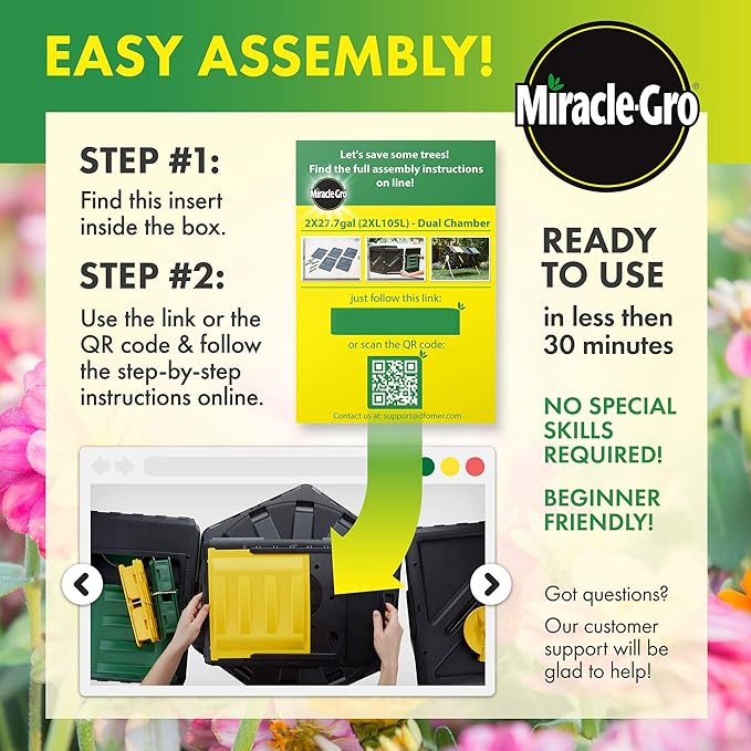 Miracle-Gro Large Dual Chamber Compost Tumbler, 55.4 Gallons – Easy-Turn, Fast-Working System – All-Season, Heavy-Duty, High Volume Composter with 2 Sliding Doors (2 x 27.7 gallons)