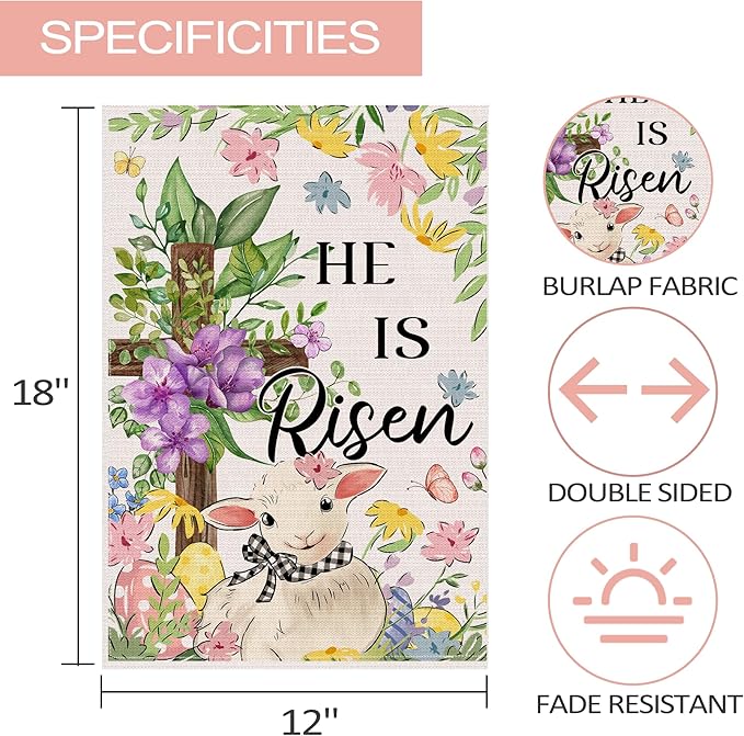 Easter Garden Flag 12x18 Inch Double Sided Outside, He Is Risen Easter Flag Burlap Lamb Flowers Cross Decorations Outdoor Yard