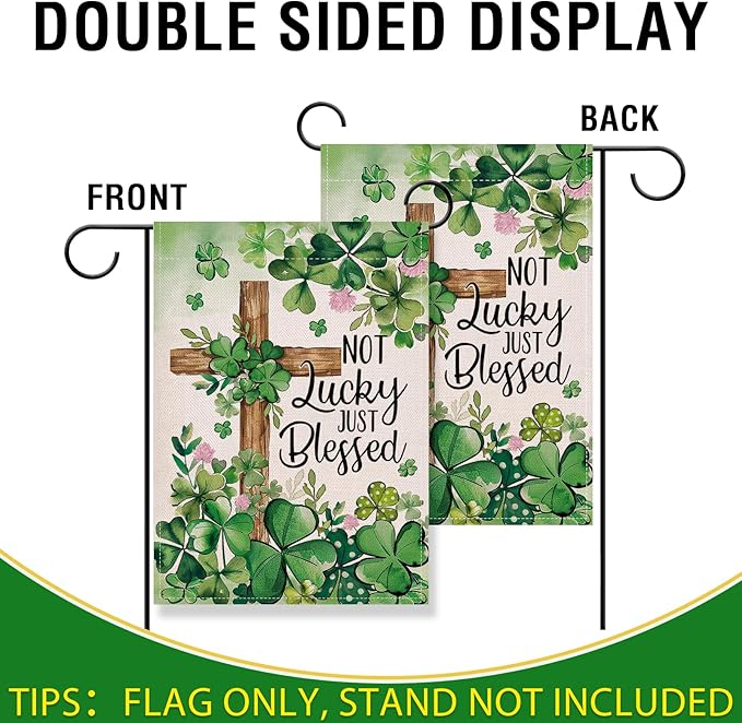 Artofy Christian St Patricks Day Small Decorative Garden Flag, Religious Cross Shamrock Clover Not Lucky Just Blessed Yard Outside Decor, Irish Spring Outdoor Home Decoration Double Sided 12 x 18
