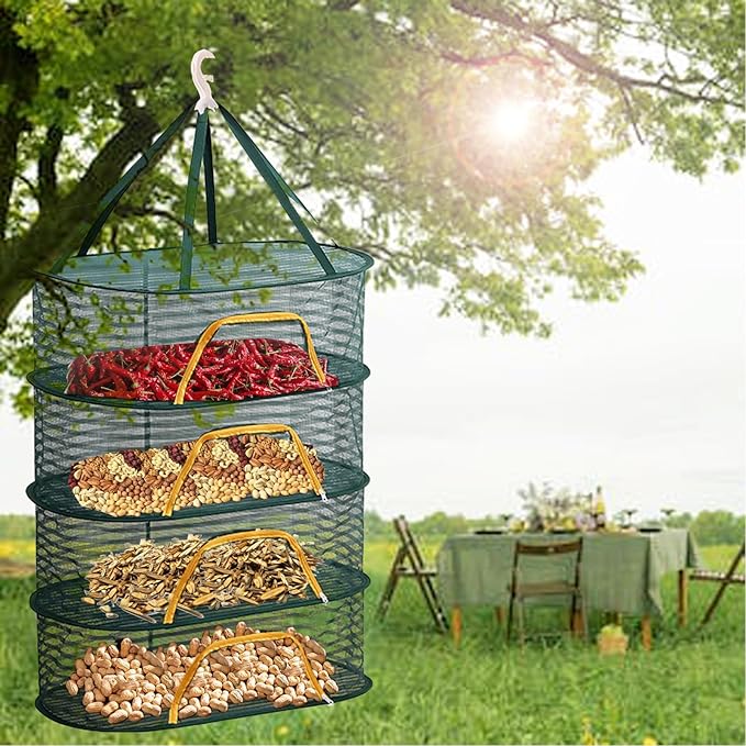 Herb Drying Rack 4 Layer Hanging Design with Green Zippers for Dehydrating, Indoor and Outdoor Pruning Shears Included Plants, Seeds, Buds Outdoor, Hydroponics (Green net Bag)