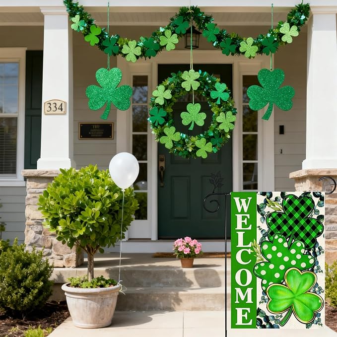 St Patricks Day Welcome Garden Flag 12x18 Inch Vertical Double Sided Outside Green Clovers Decoration Burlap Holiday Yard Flag