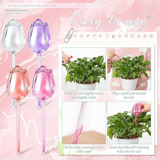 8 Pcs Self Watering Globes Tulips Bulbs Automatic Plant Watering Devices Plastic Plant Self Waterer Insert Spikes for Indoor Outdoor Garden Decoration